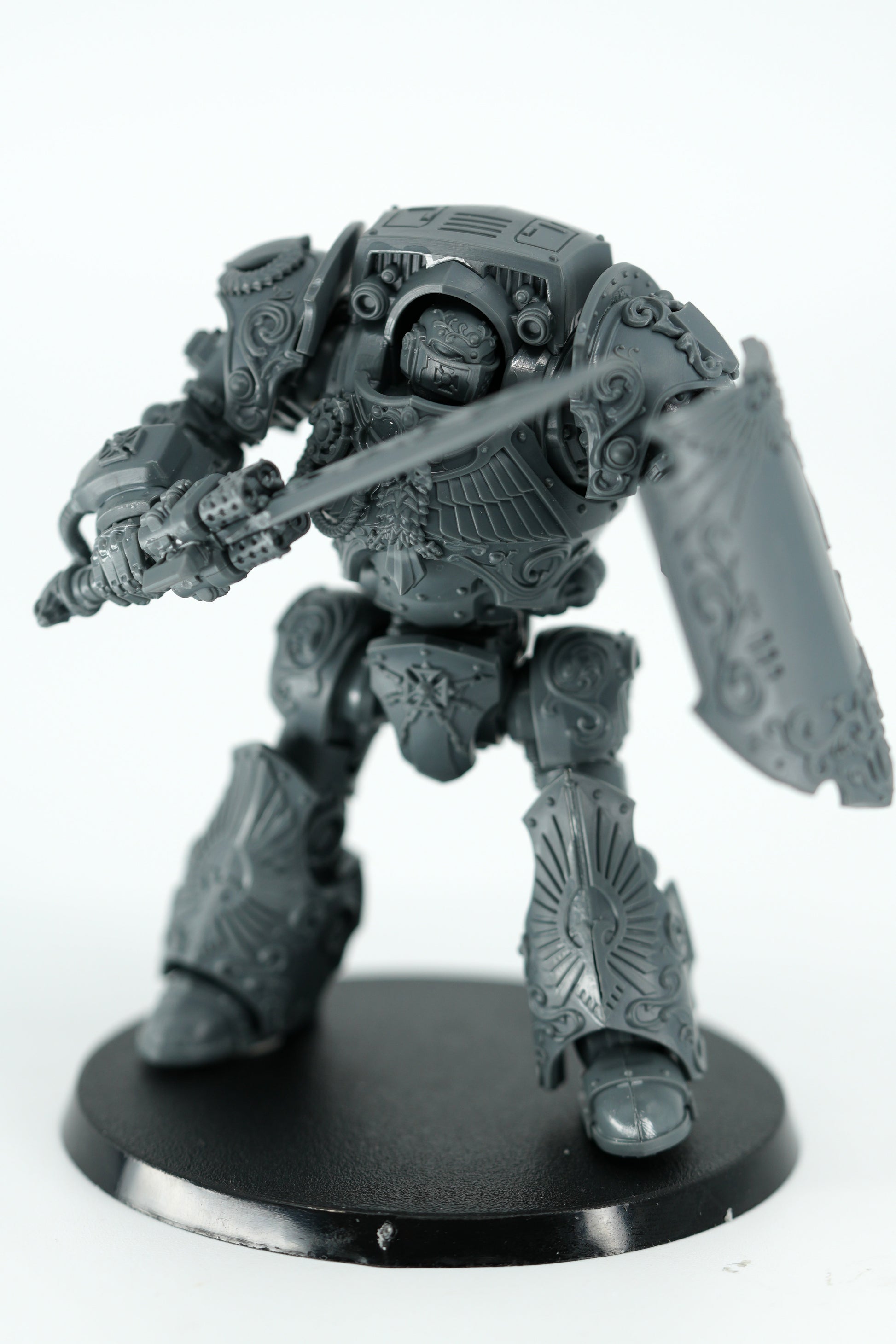 Custodian Dreadnought swapped to the Contemptor-Galatus sword and shield arms, finished model
