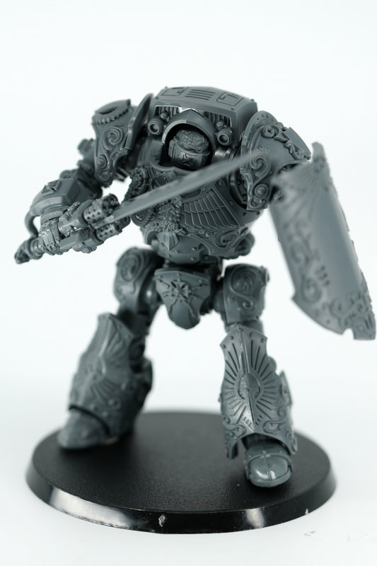 Custodian Dreadnought swapped to the Contemptor-Galatus sword and shield arms, finished model