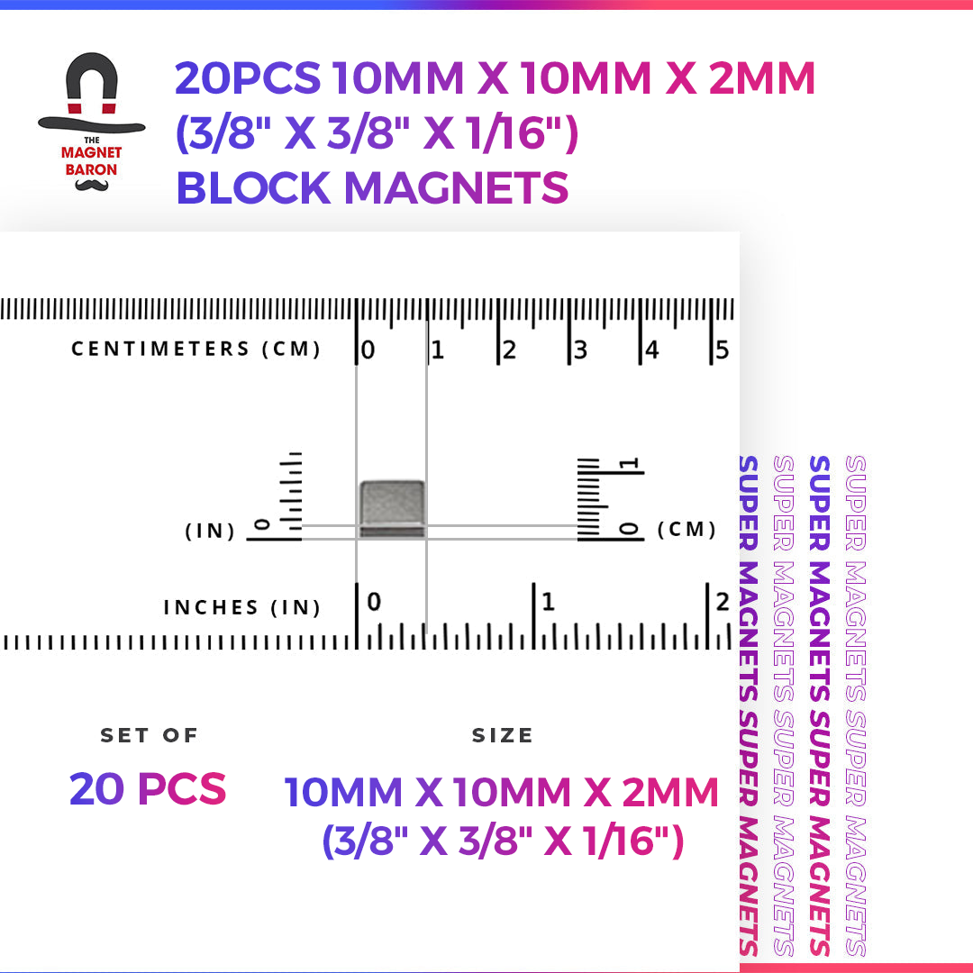 20pcs 10mm x 10mm x 2mm (3/8" x 3/8" x 1/16") Block Magnets