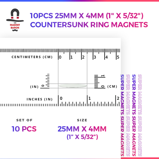 10pcs 25mm x 4mm (1" x 5/32") Countersunk Ring Magnets