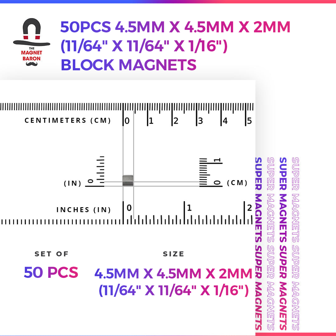 50pcs 4.5mm x 4.5mm x 2mm (11/64" x 11/64" x 1/16") Block Magnets