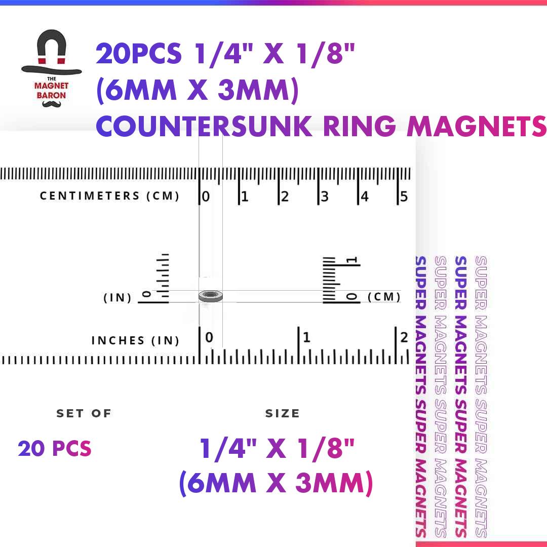 20pcs quarter inch by eighth inch N52 chrome countersunk ring magnets with size ruler