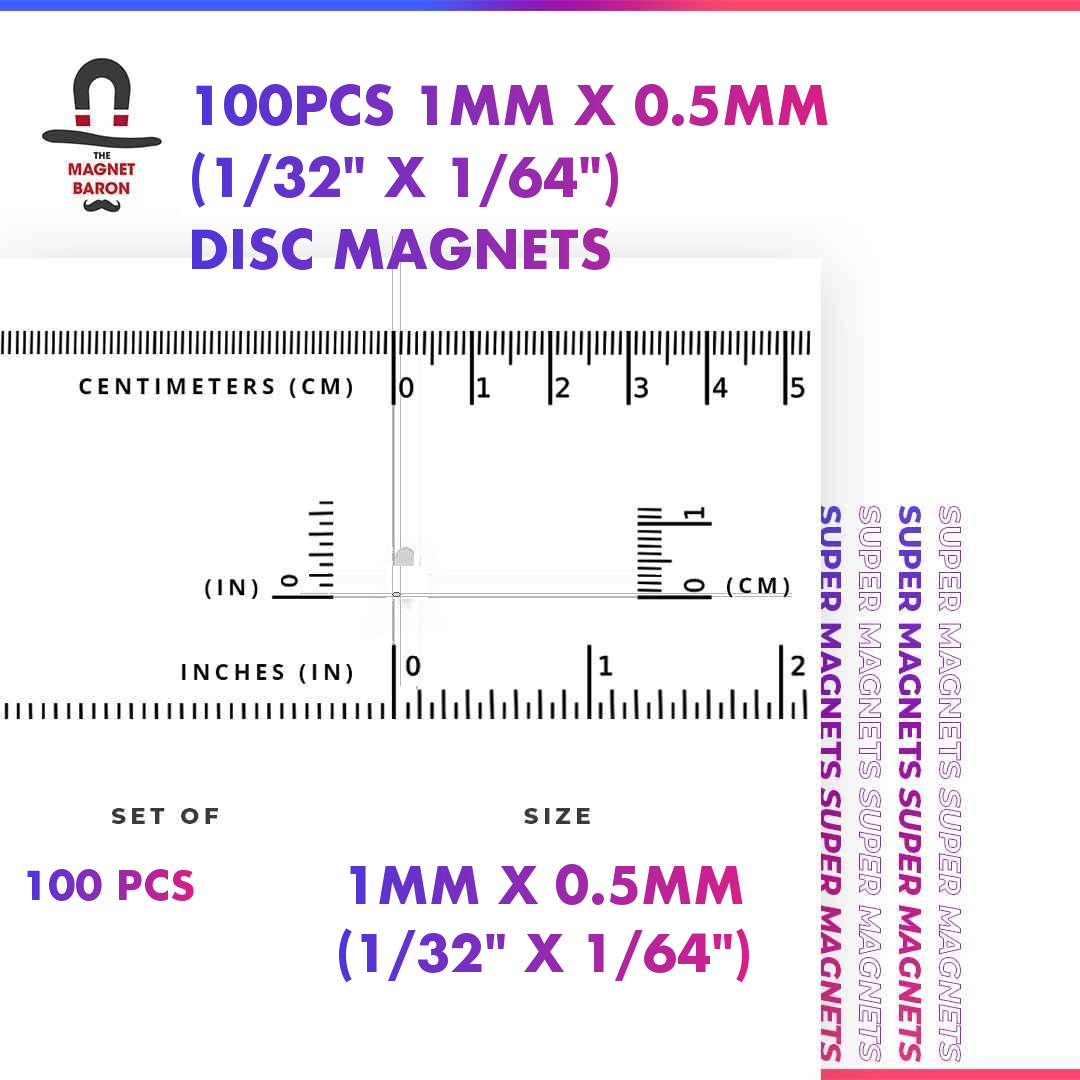 100pcs 1mm x 0.5mm N52 diametrically magnetized disc magnets with size ruler