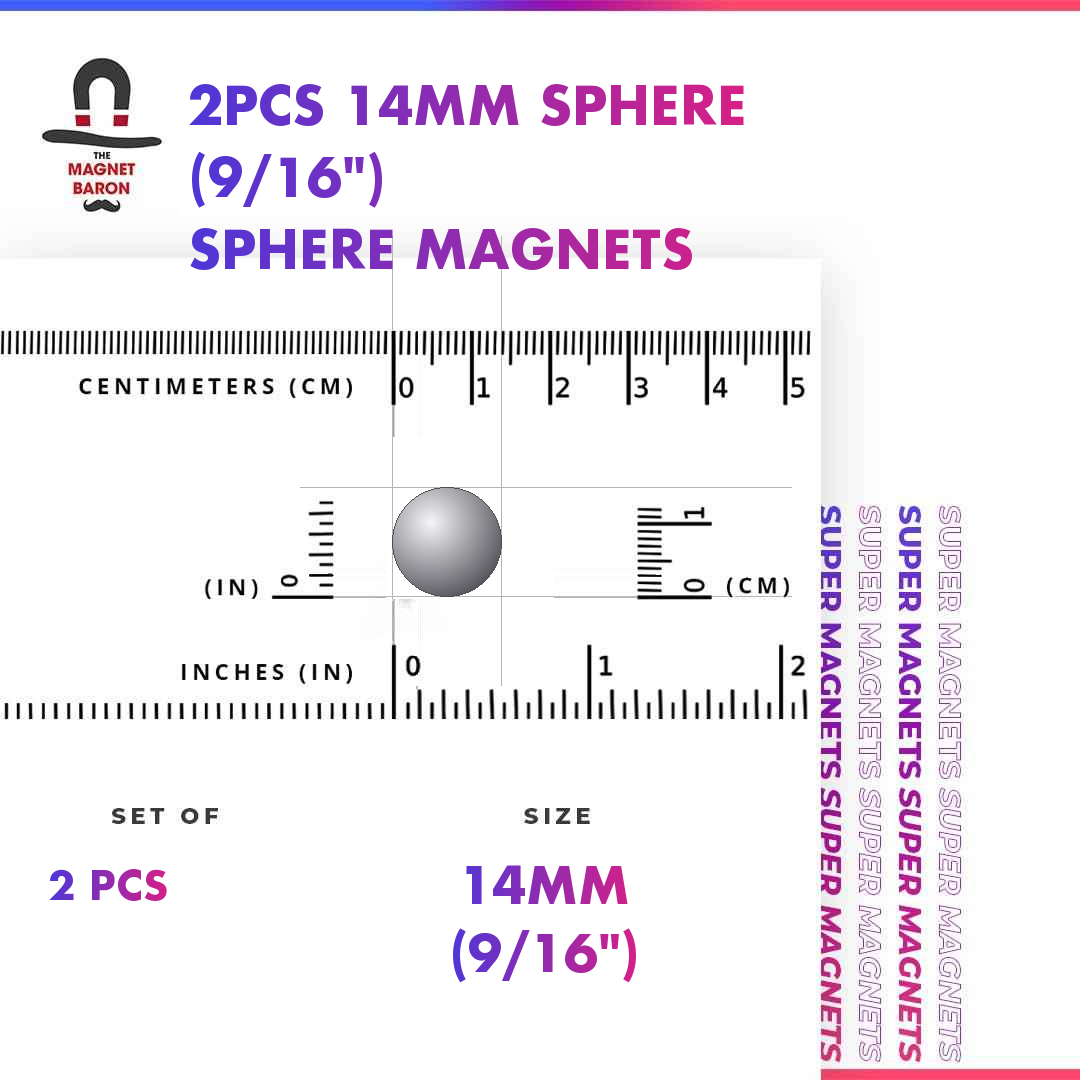 2pcs 14mm N52 neodymium sphere magnet, single ball, with size ruler