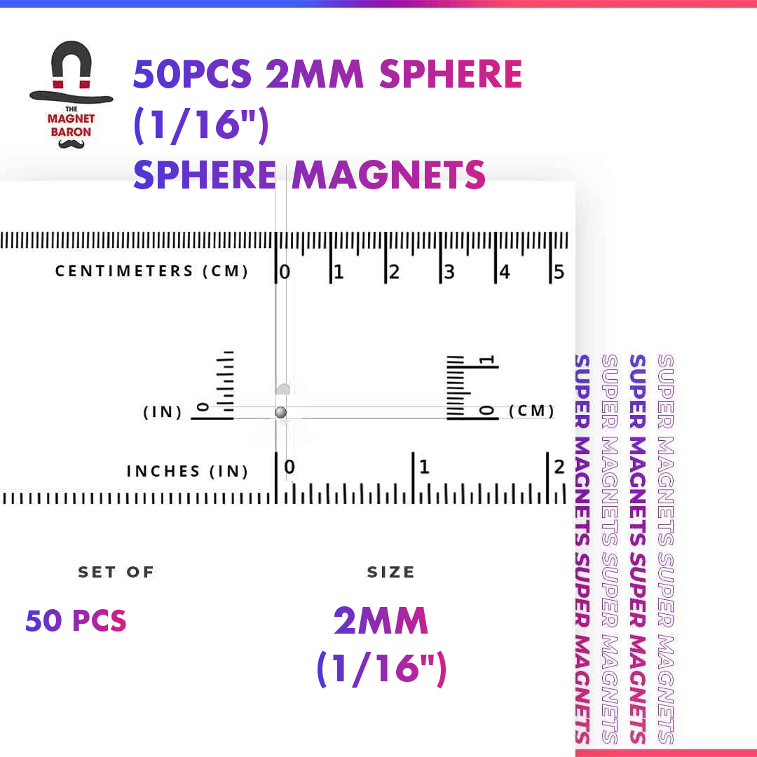 50pcs 2mm N52 neodymium sphere magnet, single ball, with size ruler