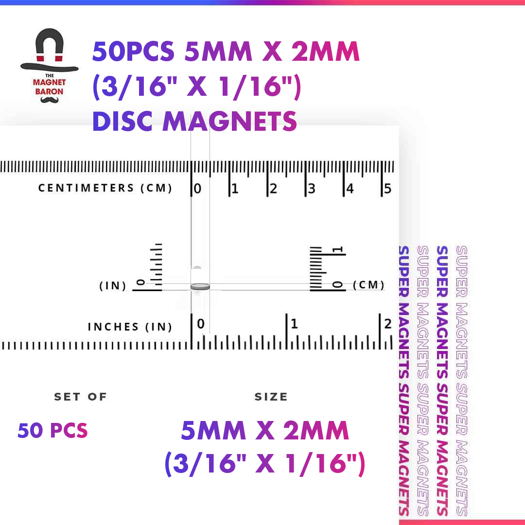 50pcs 5mm x 2mm N52 diametrically magnetized disc magnets with size ruler