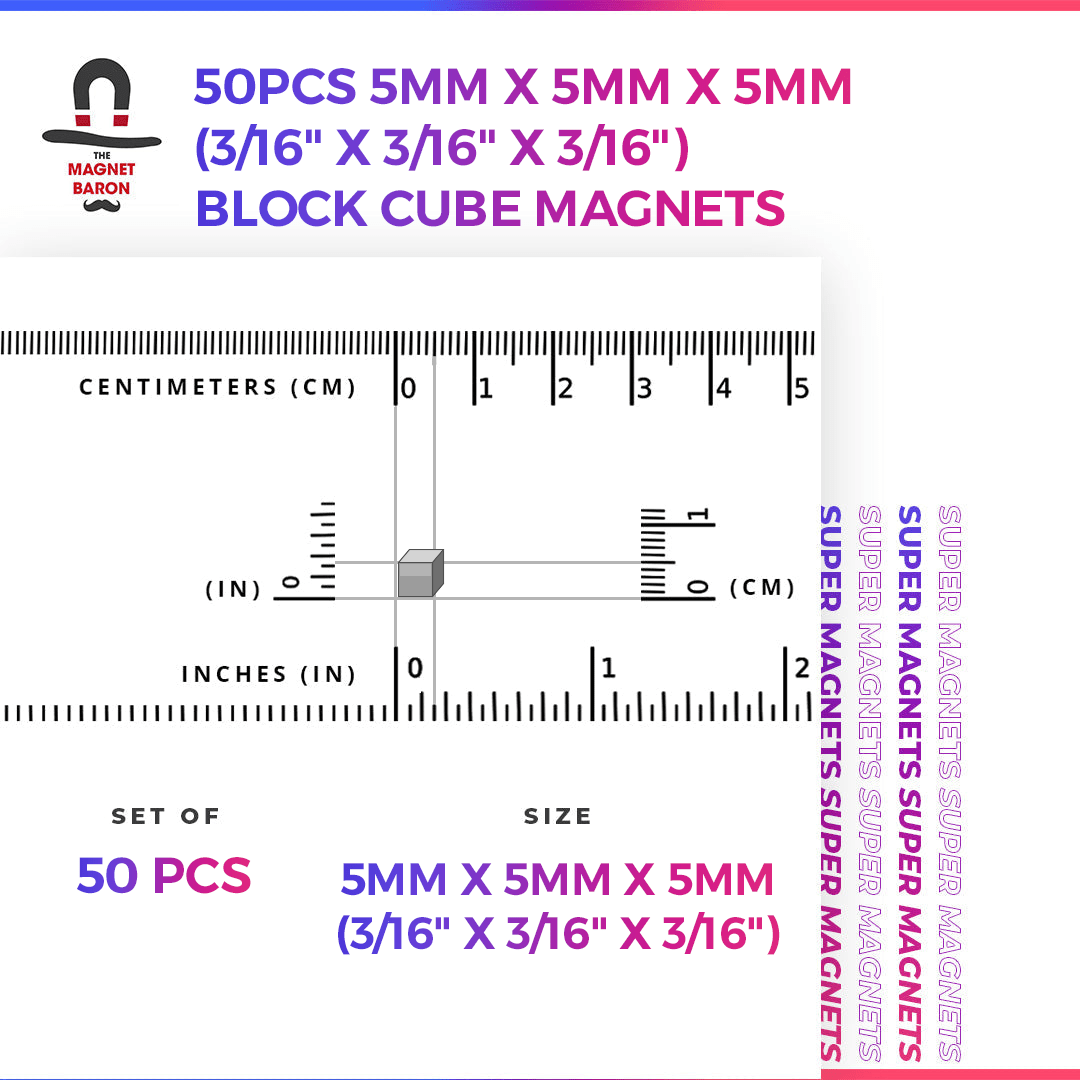50pcs 5mm x 5mm x 5mm N52 neodymium block cube magnets with size ruler