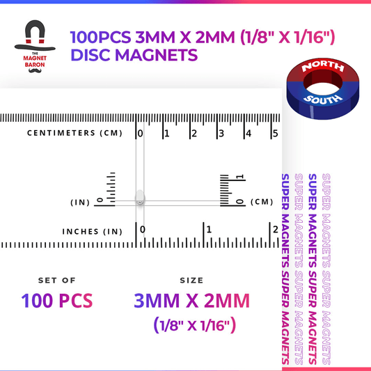 Engineering - Special - Diametrically Magnetized - 100pcs 3mm x 2mm (Approximately 1/8" x 1/16") Disc Magnets - Magnet Baron