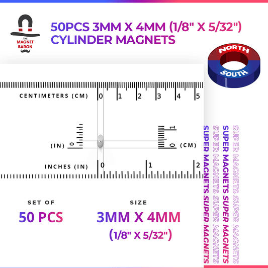 Engineering - Special - Diametrically Magnetized - 50pcs 3mm x 4mm (Approximately 1/8" x 5/32") Cylinder Magnets - Magnet Baron