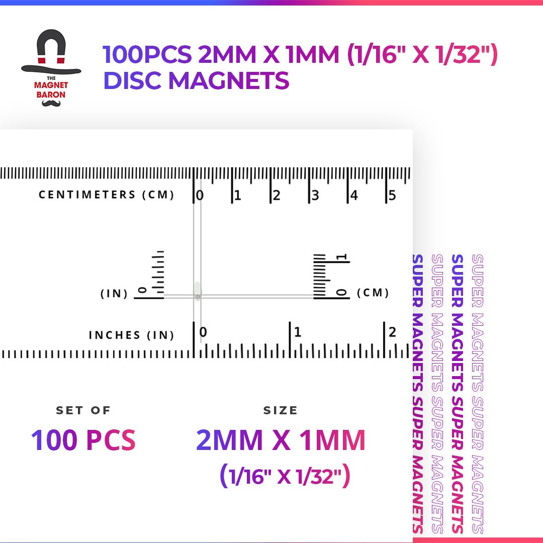100pcs 2mm x 1mm (Approximately 1/16" x 1/32") Disc Magnets - Magnet Baron