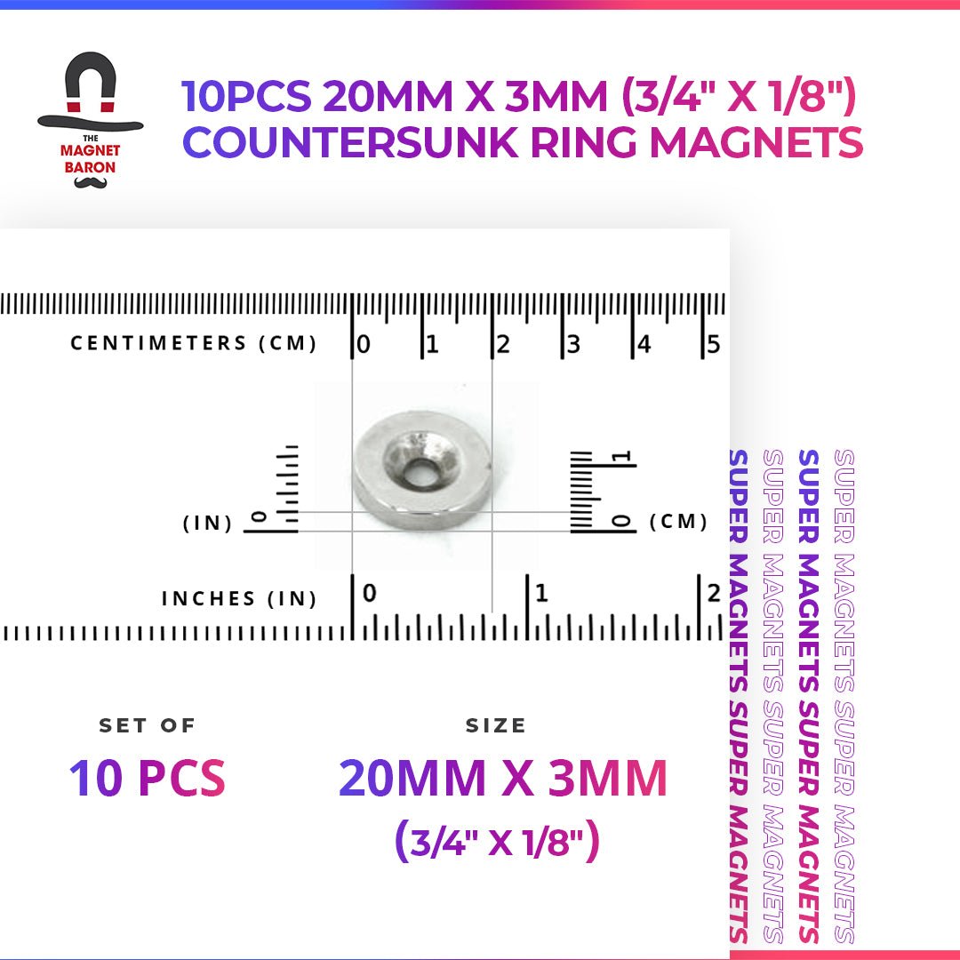 10pcs 20mm x 5mm (Approximately 3/4" x 3/16") Countersunk Ring Magnets - Magnet Baron