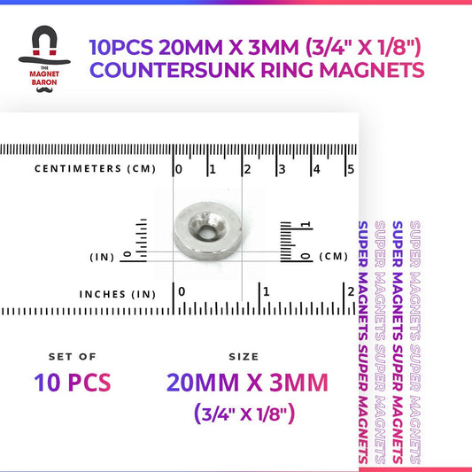 10pcs 20mm x 5mm (Approximately 3/4" x 3/16") Countersunk Ring Magnets - Magnet Baron
