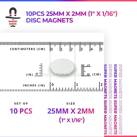 10pcs 25mm x 2mm (Approximately 1" x 1/16") Disc Magnets - Magnet Baron