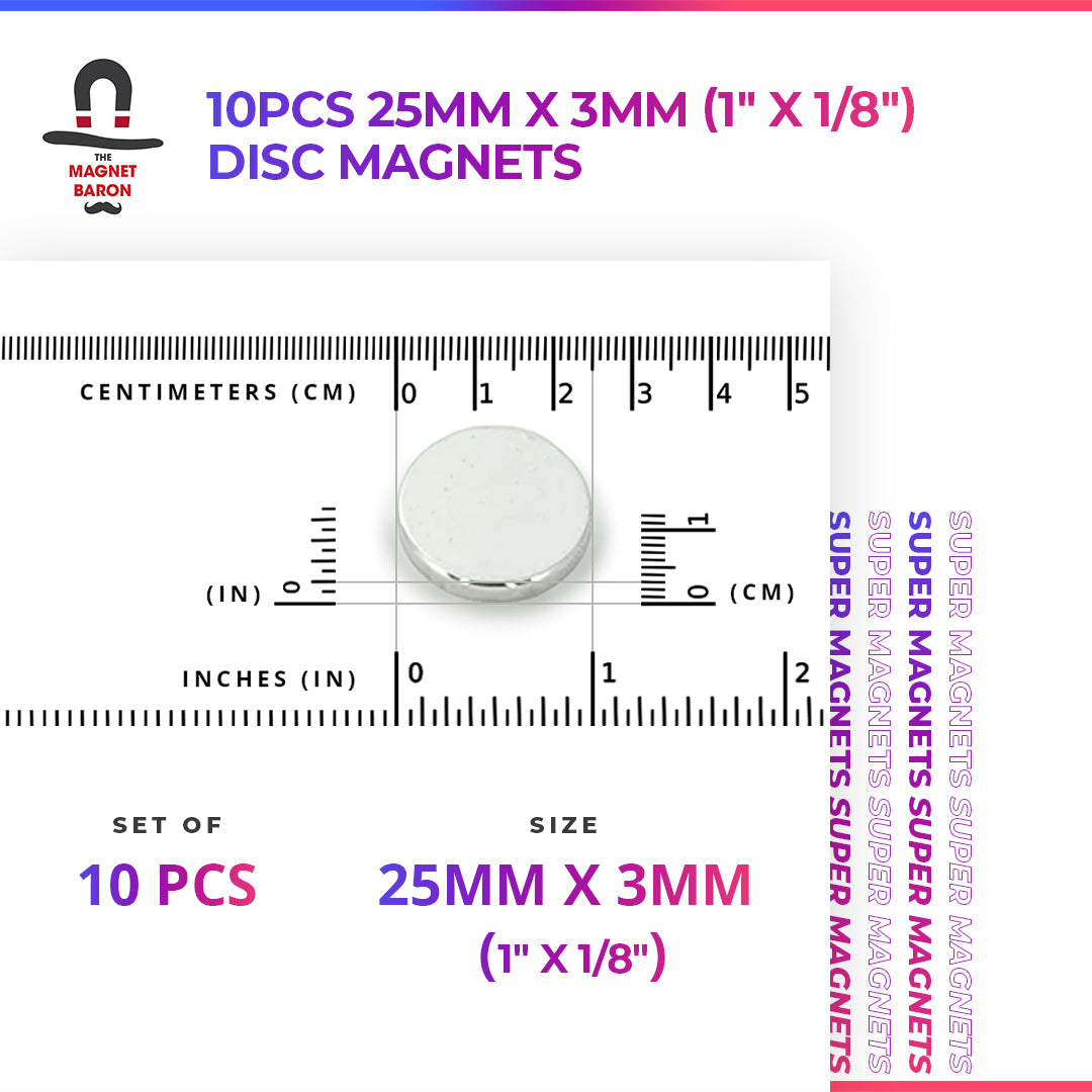 10pcs 25mm x 3mm (1" x 1/8") Disc Magnets