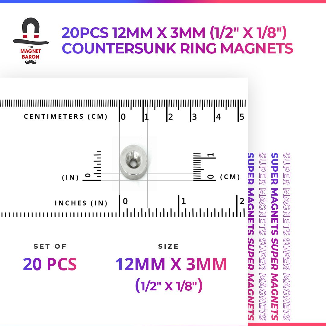 20pcs 12mm x 3mm (Approximately 1/2" x 1/8") Countersunk Ring Magnets - Magnet Baron
