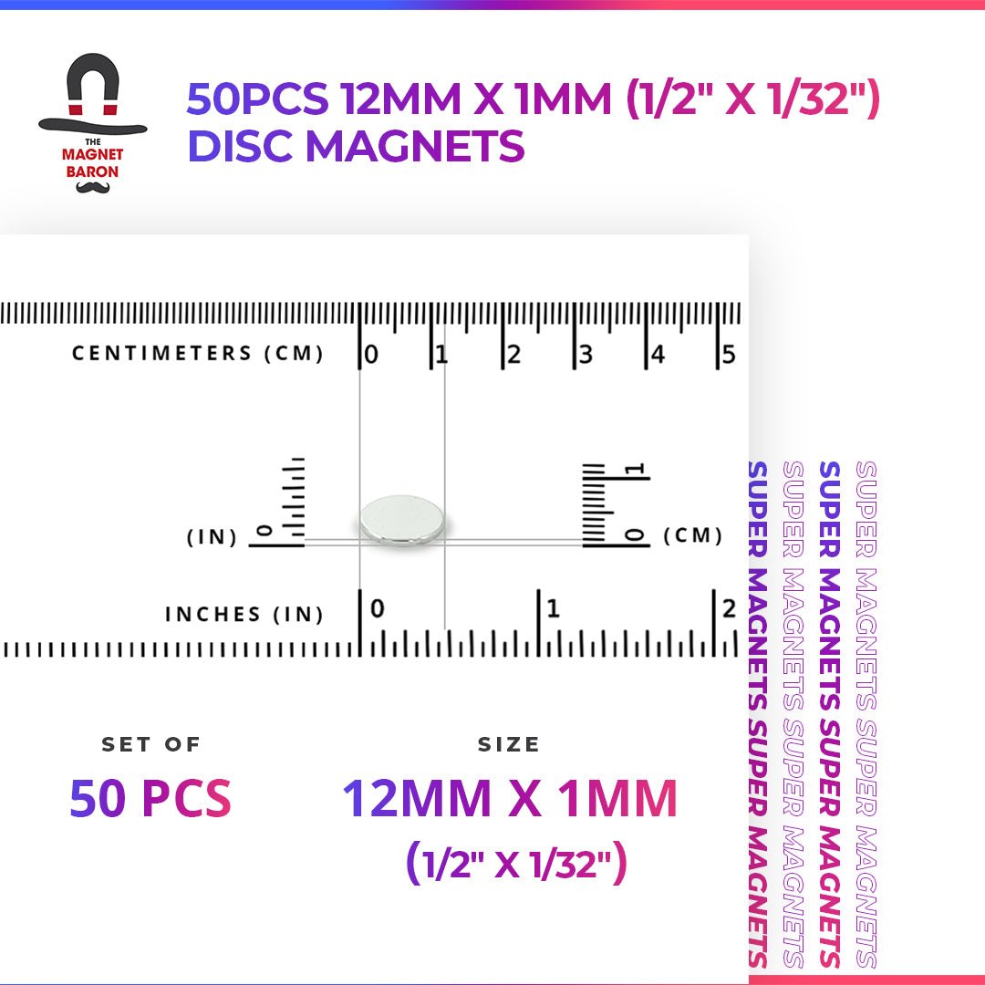 50pcs 12mm x 1mm (Approximately 1/2" x 1/32") Disc Magnets - Magnet Baron