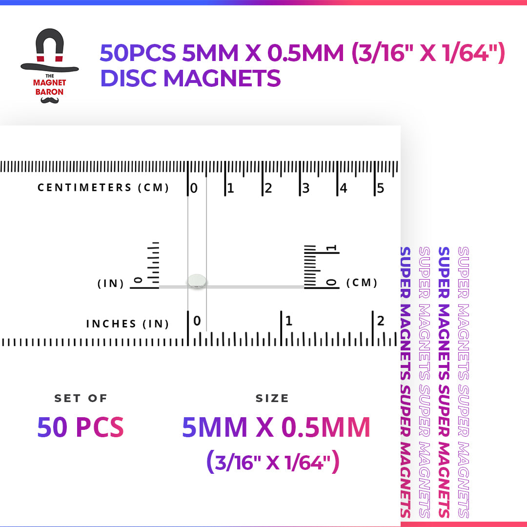 50pcs 5mm x 0.5mm (3/16" x 1/64") Disc Magnets