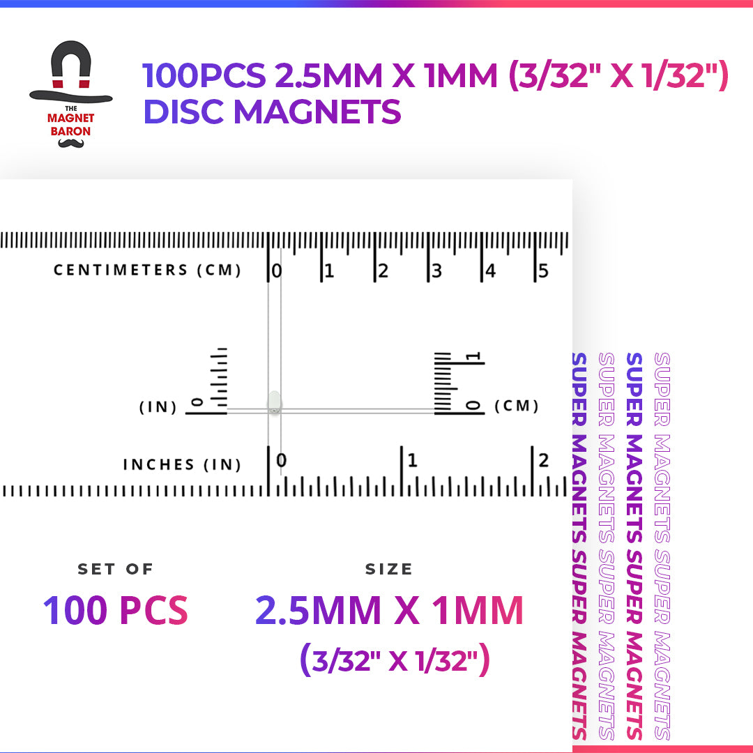 100pcs 2.5mm x 1mm (3/32" x 1/32") Disc Magnets