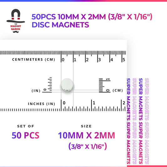 50pcs 10mm x 2mm (3/8" x 1/16") Disc Magnets