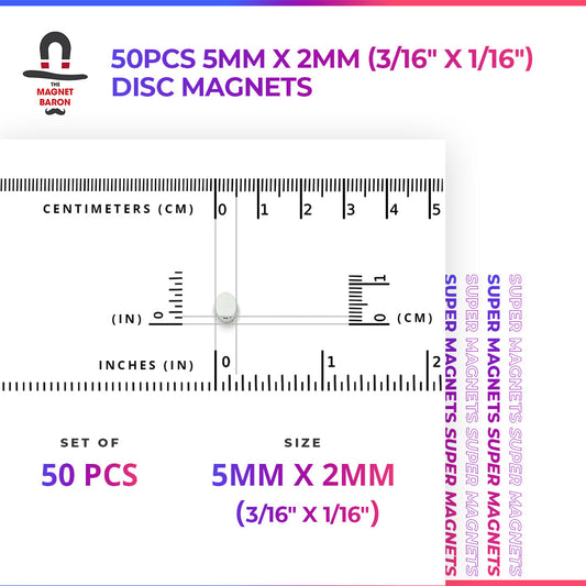 50pcs 5mm x 2mm (3/16" x 1/16") Disc Magnets Diametrically Magnetized