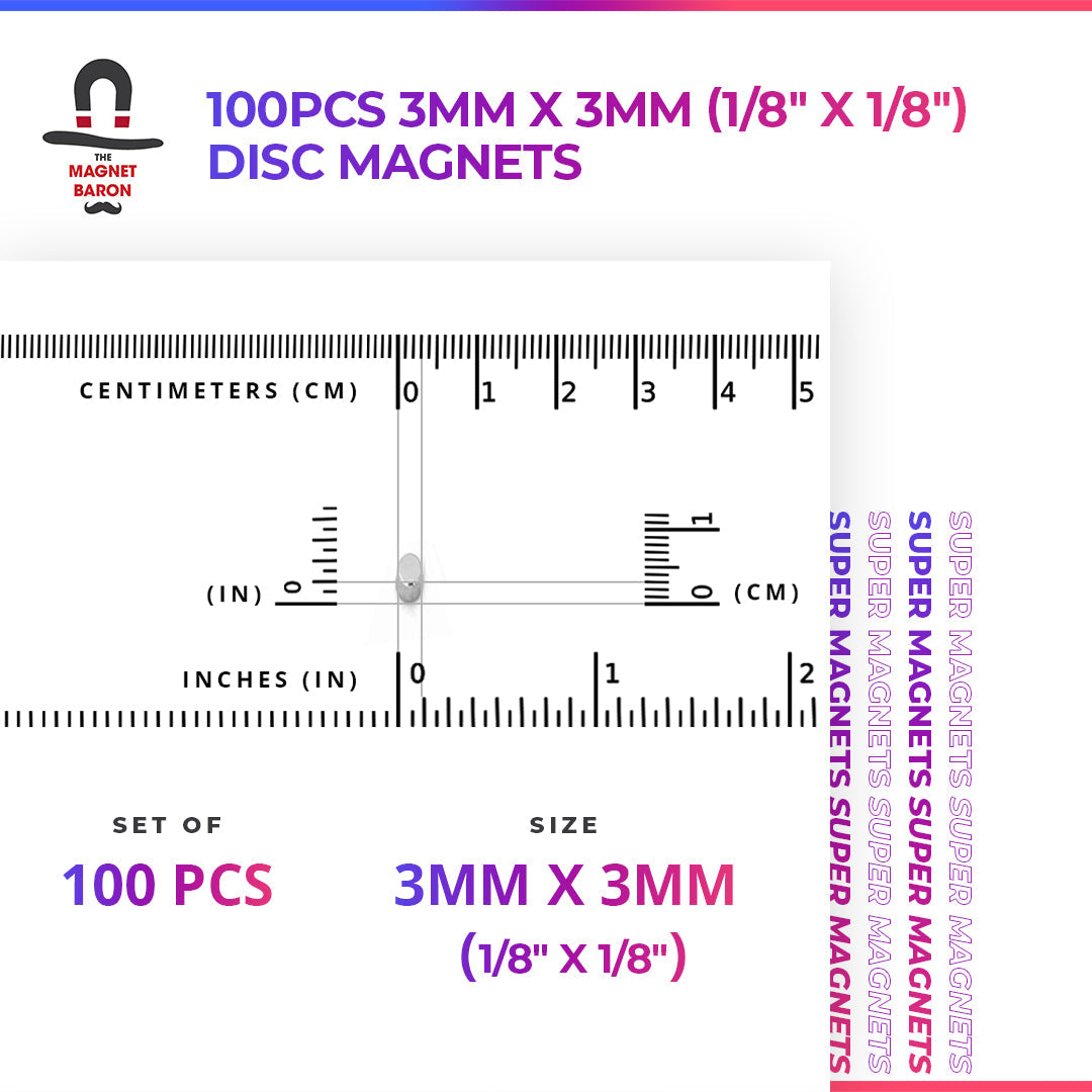 100pcs 3mm x 3mm (1/8" x 1/8") Disc Magnets Diametrically Magnetized