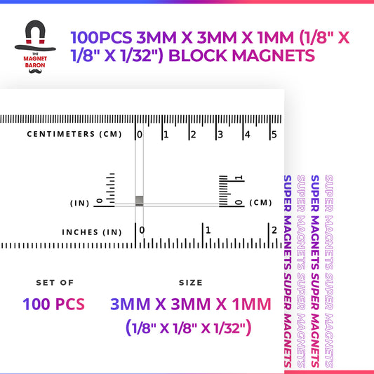 100pcs 3mm x 3mm x 1mm (1/8” x 1/8” x 1/32”) Block Magnets