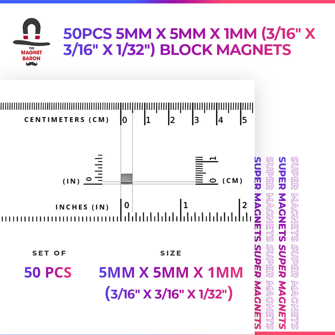 50pcs 5mm x 5mm x 1mm (3/16" x 3/16" x 1/32") Block Magnets