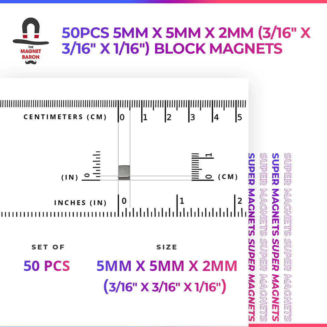 50pcs 5mm x 5mm x 2mm (3/16" x 3/16" x 1/16") Block Magnets