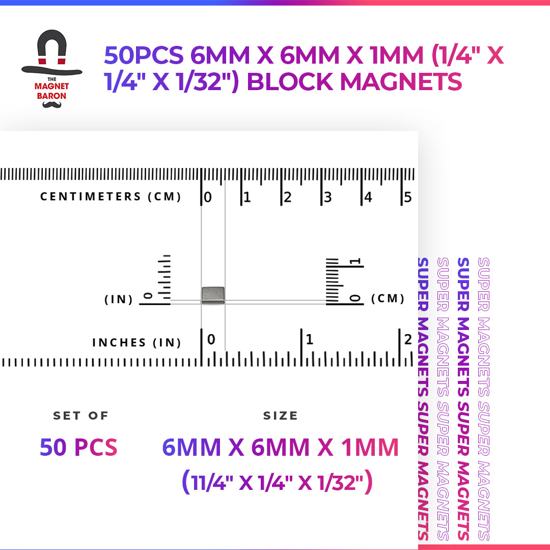 50pcs 6mm x 6mm x 1mm (1/4" x 1/4" x 1/32") Block Magnets
