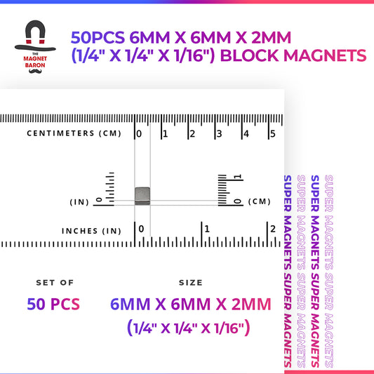 50pcs 6mm x 6mm x 2mm (1/4" x 1/4" x 1/16") Block Magnets
