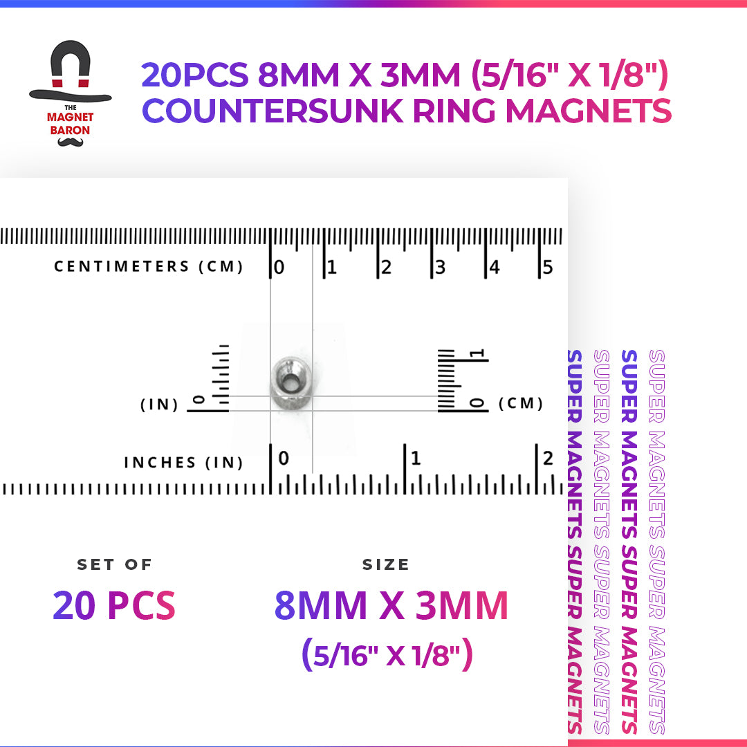 20pcs 8mm x 3mm (5/16" x 1/8") Countersunk Ring Magnets